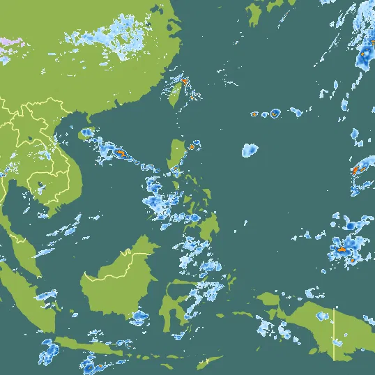 Map with Philippines in the center and a precipitation layer on top.