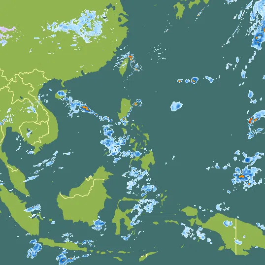 Map with Philippines in the center and a precipitation layer on top.
