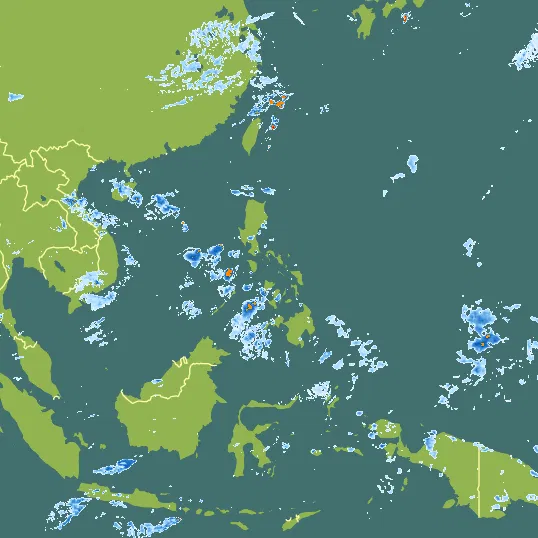 Map with Philippines in the center and a precipitation layer on top.