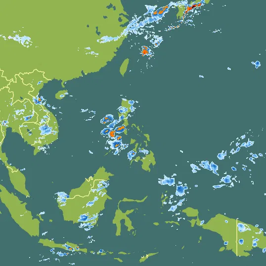 Map with Philippines in the center and a precipitation layer on top.
