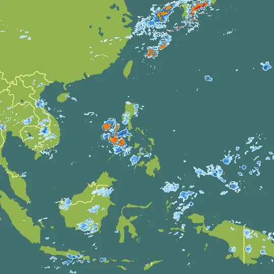 Map with Philippines in the center and a precipitation layer on top.
