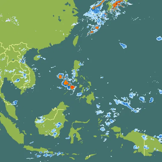 Map with Philippines in the center and a precipitation layer on top.