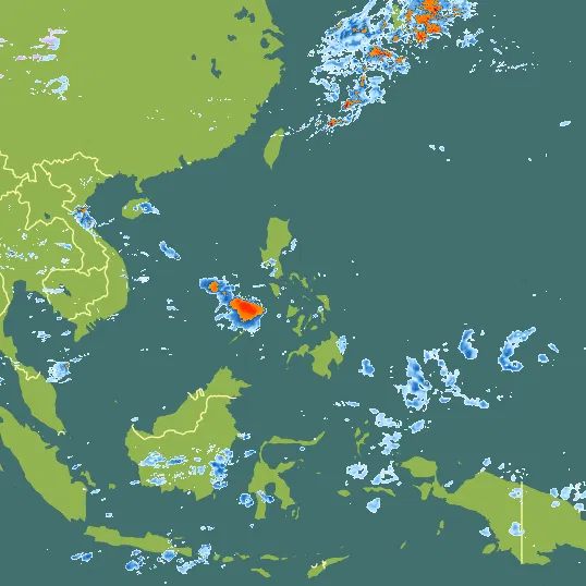 Map with Philippines in the center and a precipitation layer on top.