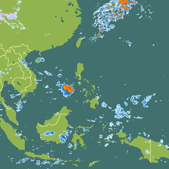 Map with Philippines in the center and a precipitation layer on top.