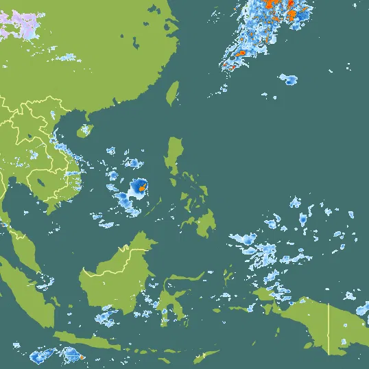 Map with Philippines in the center and a precipitation layer on top.