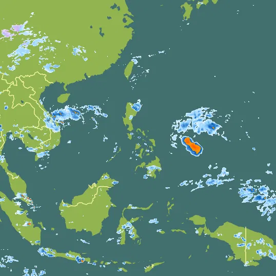 Map with Philippines in the center and a precipitation layer on top.