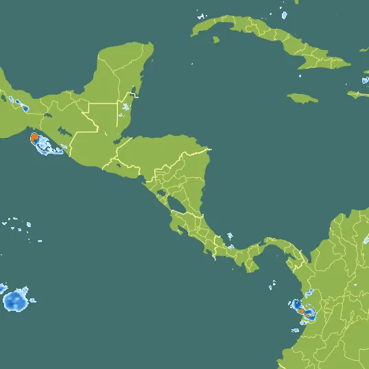 Map with Nicaragua in the center and a precipitation layer on top.