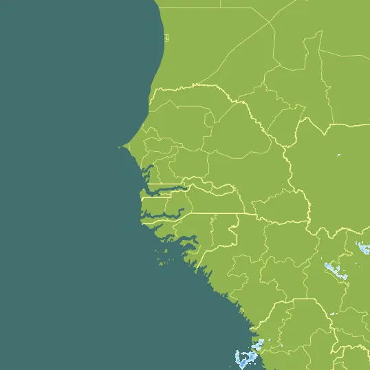 Map with Gambia in the center and a precipitation layer on top.