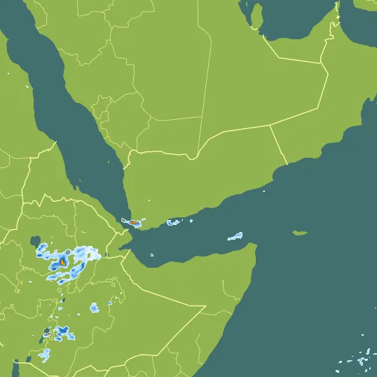 Map with Yemen in the center and a precipitation layer on top.