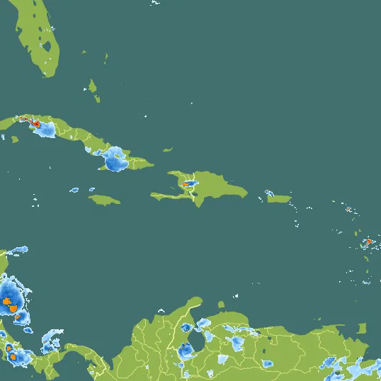 Map with Haiti in the center and a precipitation layer on top.