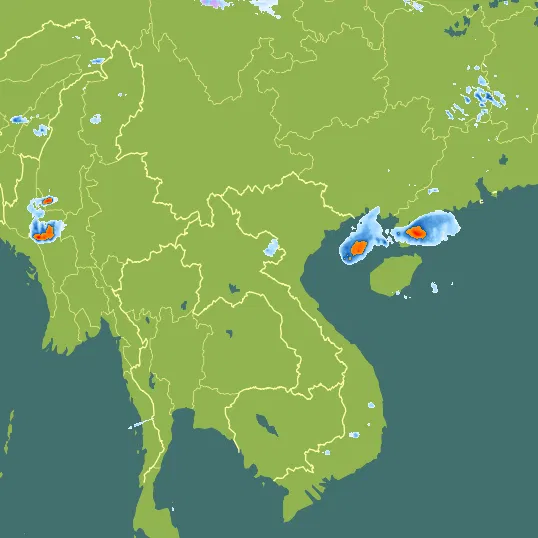 Map with Laos in the center and a precipitation layer on top.