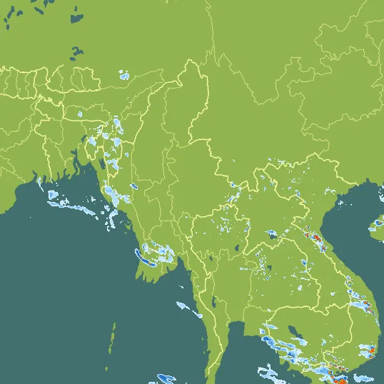 Map with Myanmar in the center and a precipitation layer on top.