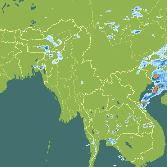 Map with Myanmar in the center and a precipitation layer on top.