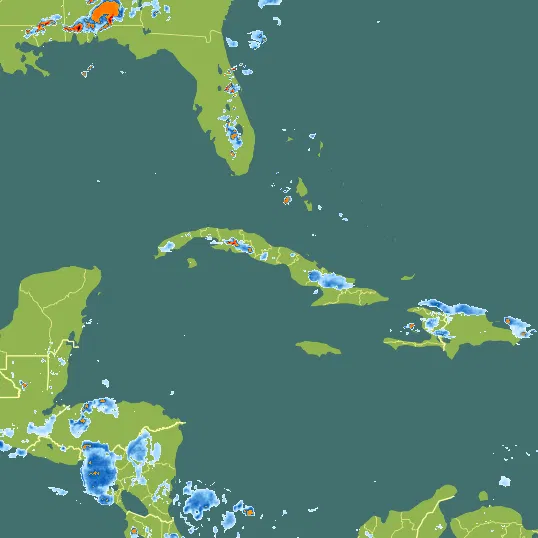 Map with Cuba in the center and a precipitation layer on top.