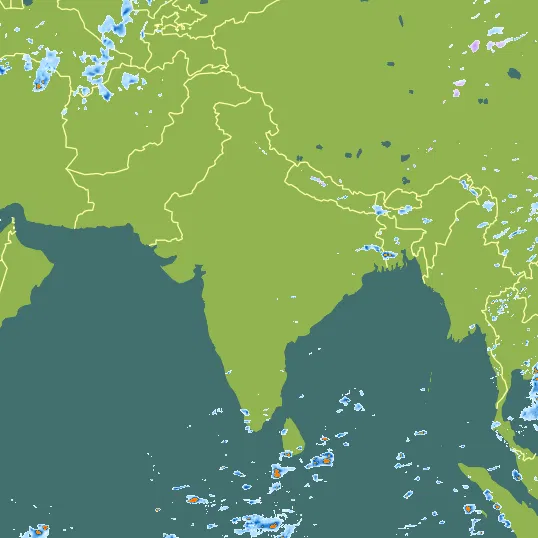 Map with India in the center and a precipitation layer on top.