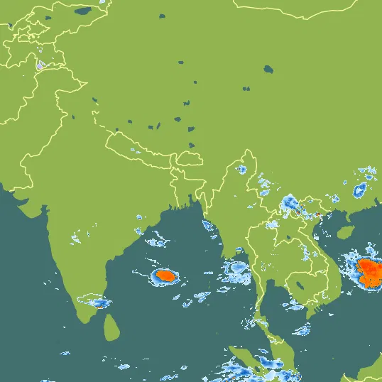 Map with Bangladesh in the center and a precipitation layer on top.