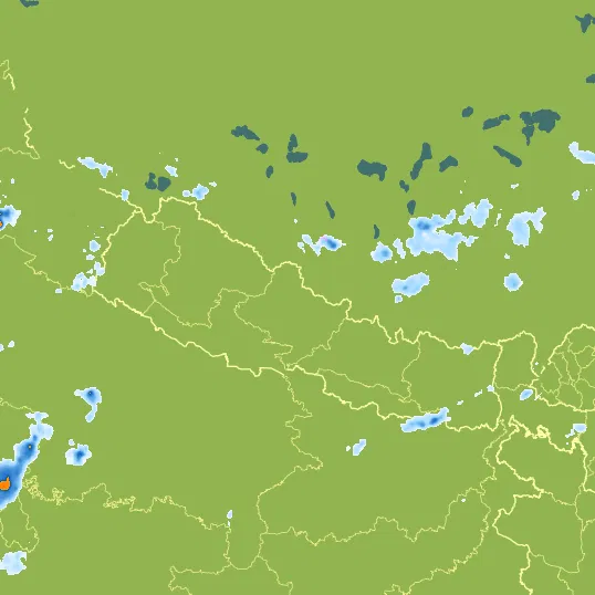Map with Nepal in the center and a precipitation layer on top.