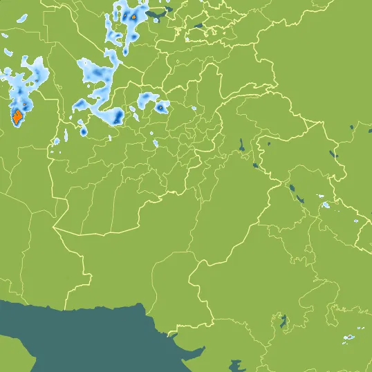Map with Pakistan in the center and a precipitation layer on top.