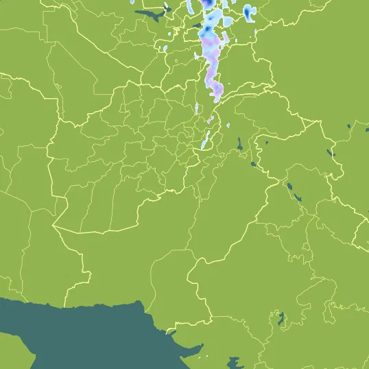 Map with Pakistan in the center and a precipitation layer on top.