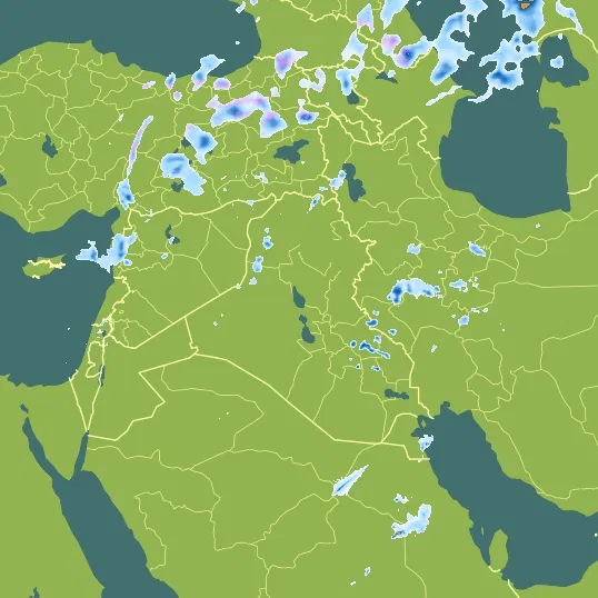 Map with Iraq in the center and a precipitation layer on top.