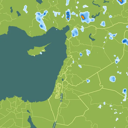 Map with Lebanon in the center and a precipitation layer on top.