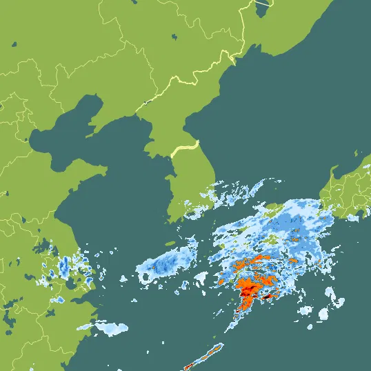 Map with South Korea in the center and a precipitation layer on top.