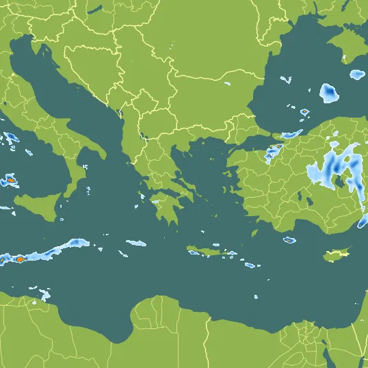 Map with Greece in the center and a precipitation layer on top.