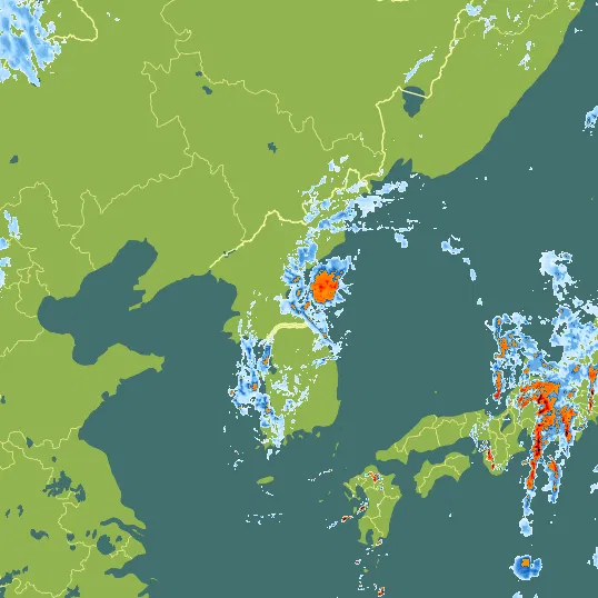 Map with North Korea in the center and a precipitation layer on top.