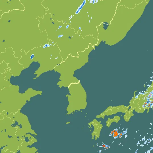 Map with North Korea in the center and a precipitation layer on top.