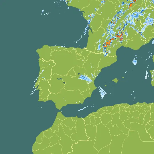 Map with Spain in the center and a precipitation layer on top.