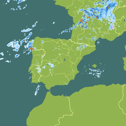 Map with Spain in the center and a precipitation layer on top.