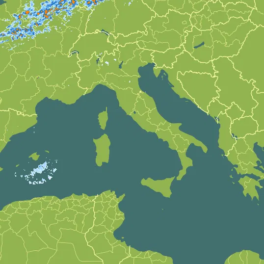 Map with Italy in the center and a precipitation layer on top.