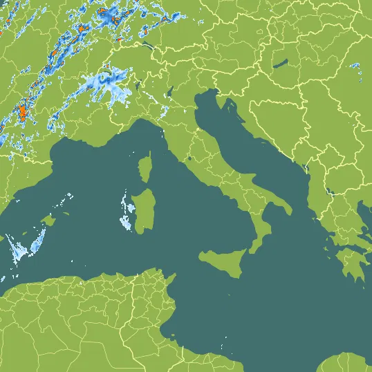 Map with Italy in the center and a precipitation layer on top.