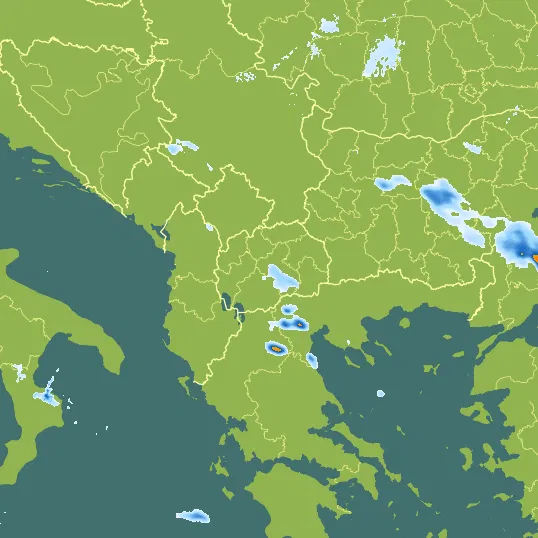 Map with North Macedonia in the center and a precipitation layer on top.