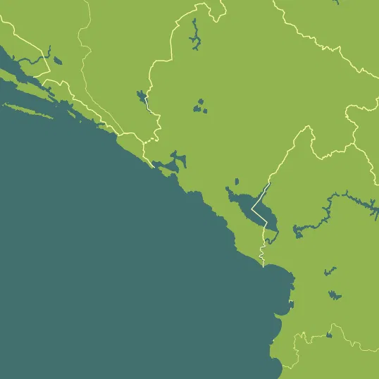 Map with Montenegro in the center and a precipitation layer on top.