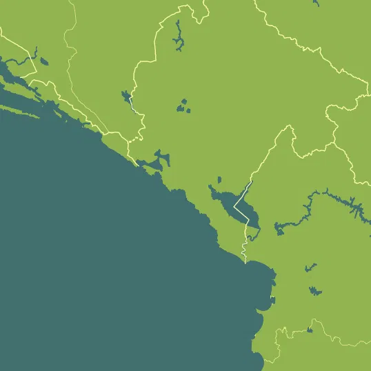 Map with Montenegro in the center and a precipitation layer on top.