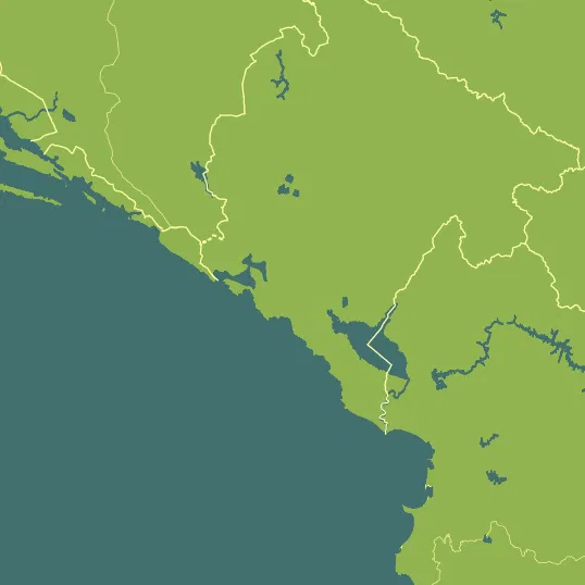 Map with Montenegro in the center and a precipitation layer on top.