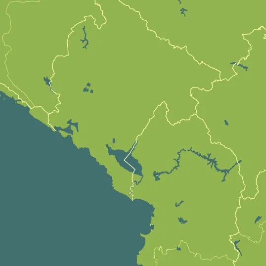 Map with Montenegro in the center and a precipitation layer on top.