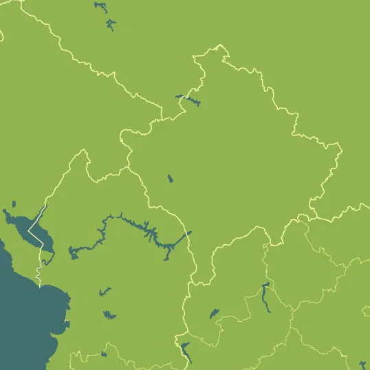 Map with Kosovo in the center and a precipitation layer on top.