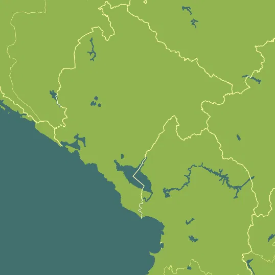 Map with Montenegro in the center and a precipitation layer on top.