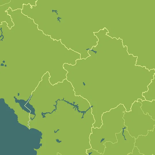 Map with Kosovo in the center and a precipitation layer on top.