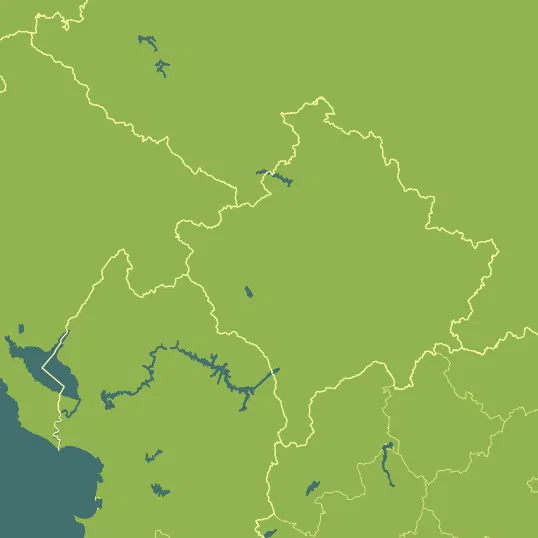 Map with Kosovo in the center and a precipitation layer on top.