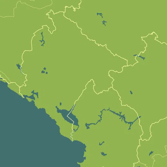 Map with Montenegro in the center and a precipitation layer on top.