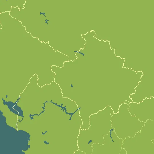 Map with Kosovo in the center and a precipitation layer on top.