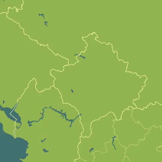 Map with Kosovo in the center and a precipitation layer on top.