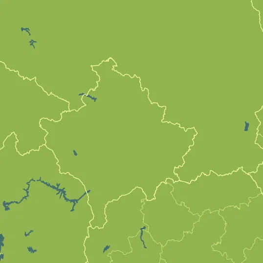 Map with Kosovo in the center and a precipitation layer on top.