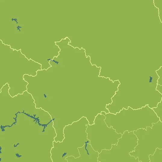 Map with Kosovo in the center and a precipitation layer on top.