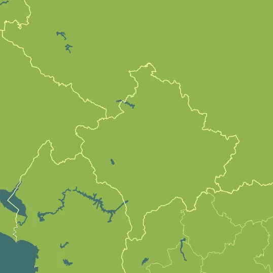 Map with Kosovo in the center and a precipitation layer on top.