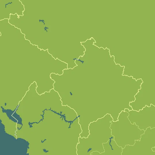 Map with Kosovo in the center and a precipitation layer on top.