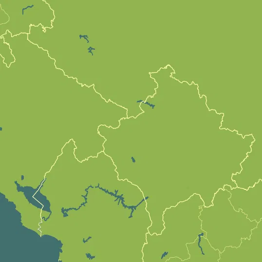 Map with Kosovo in the center and a precipitation layer on top.